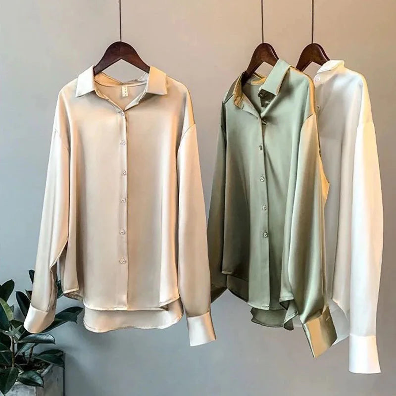 Button Down Vintage Satin Long Sleeve Blouse