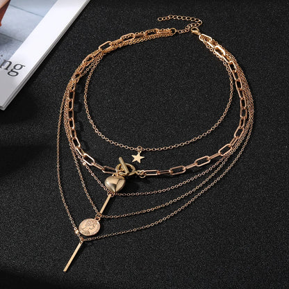 Geometric Pendant Gold Color Multi-Layer Necklace