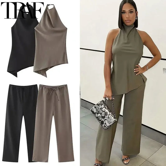 TRAF Halter Neck Asymmetrical Top and Pants