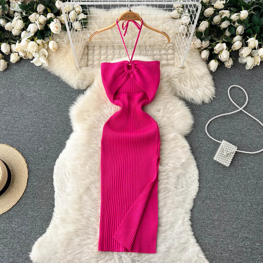 Chic Fashion Sexy Package Hips Split Knitted Dress Women