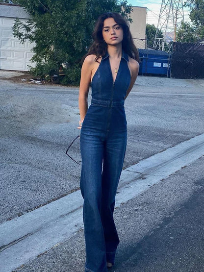 Denim Jumpsuit V Neck Zipper Bell Sleeveless Sexy Outifts Elegant