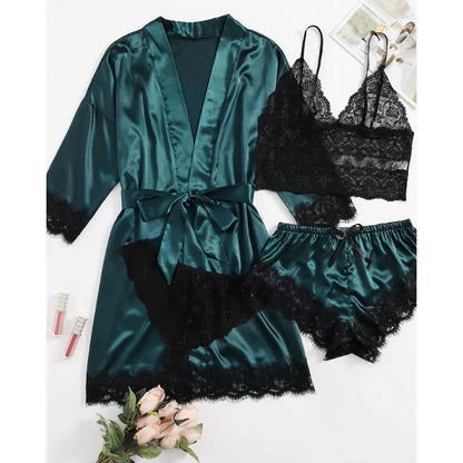 Satin 4-piece Lace Silk Sleepwear