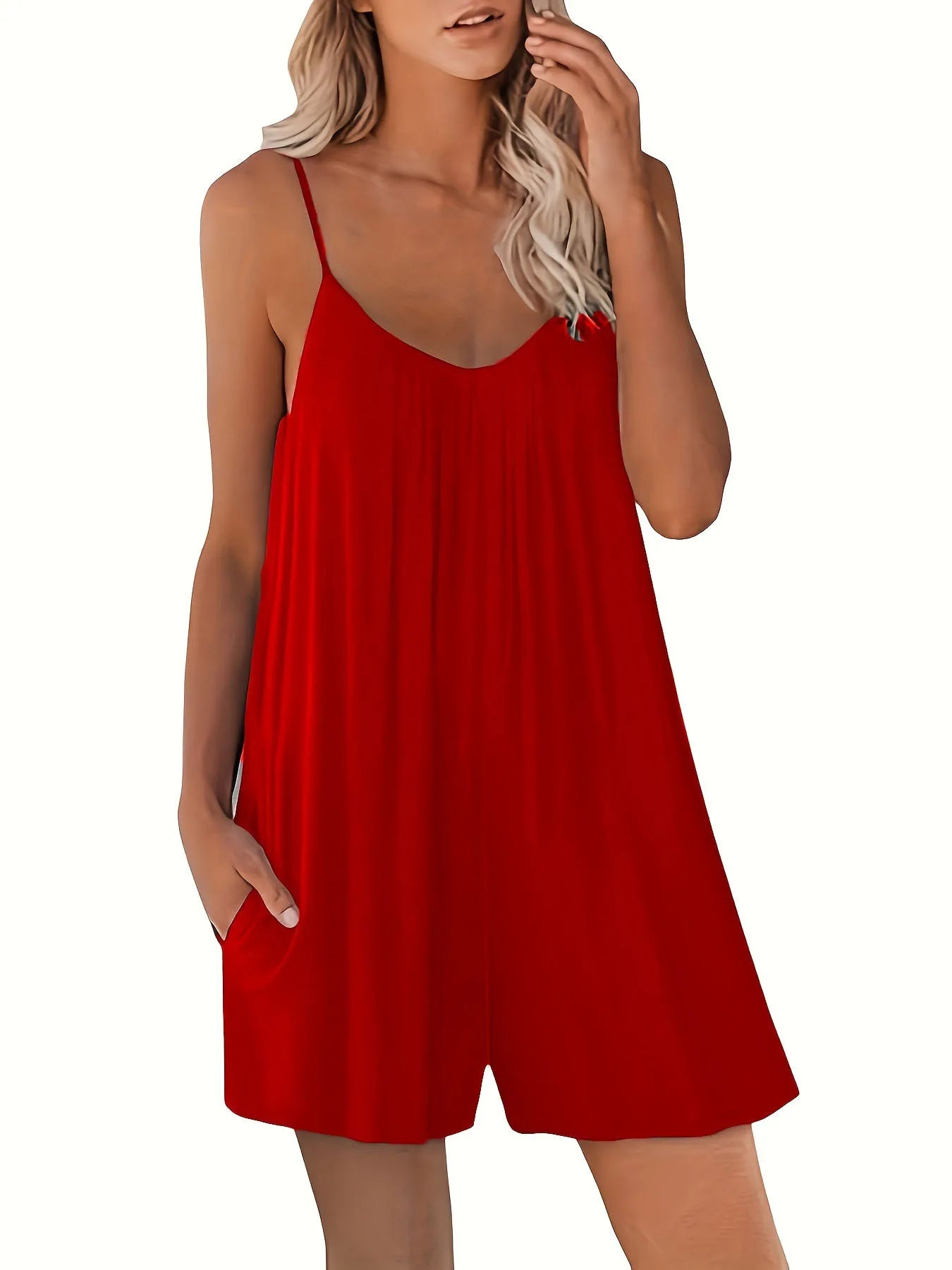 Casual Strap Shorts Solid Round Neck Loose Pocket Jumpsuit