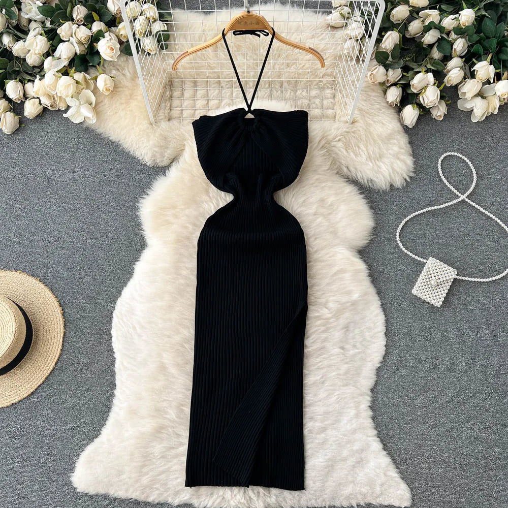 Chic Fashion Sexy Package Hips Split Knitted Dress Women