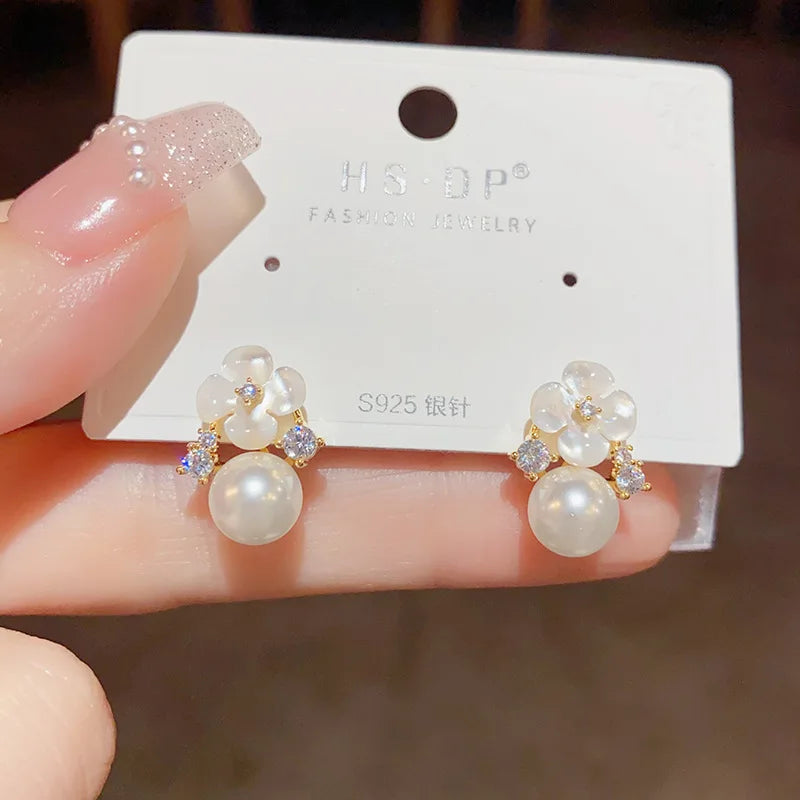 Elegant Opal Flower Pearl Stud Earrings