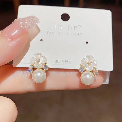 Elegant Opal Flower Pearl Stud Earrings