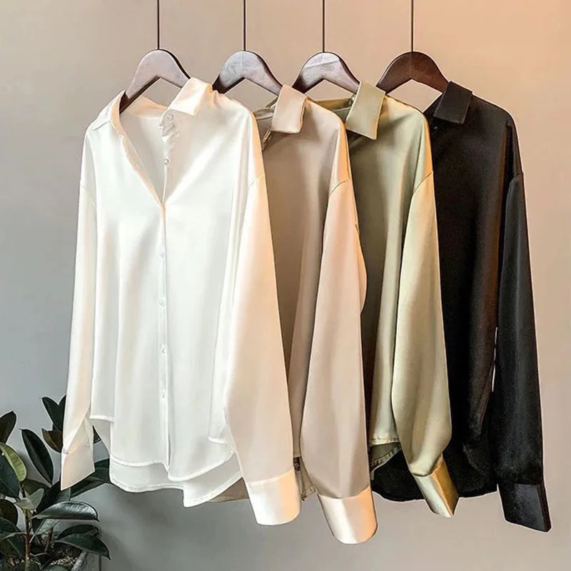 Button Down Vintage Satin Long Sleeve Blouse