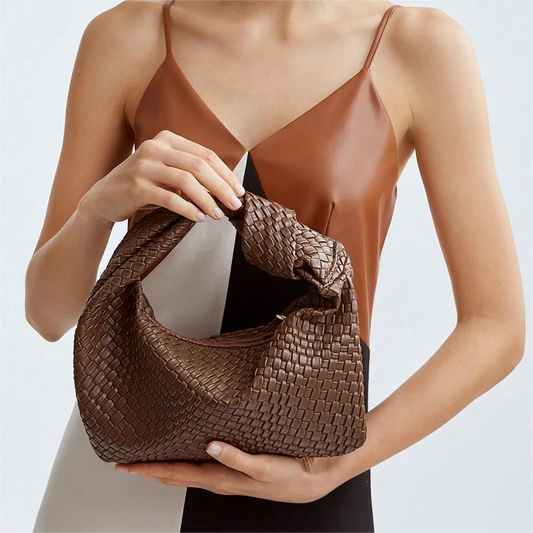 Upscale Vintage Fashion Crescent Hand Carrying Bag in Brown Woven Knot Decoration