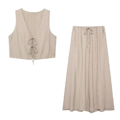 Chic V-neck Sleeveless Lace-up Casual Skirt Set