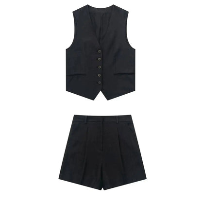 Elegant Solid Waistcoat Shorts Set