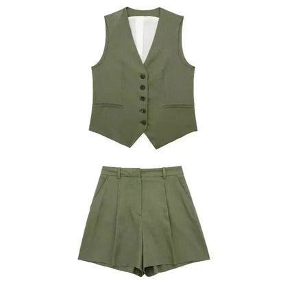 Elegant Solid Waistcoat Shorts Set