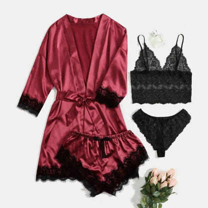 Satin 4-piece Lace Silk Sleepwear