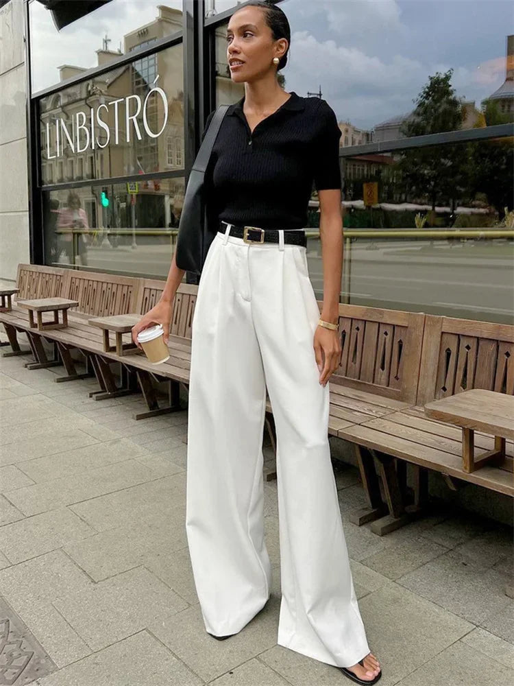 High Waist Pocket Patchwork Casual Wide Leg Trousers