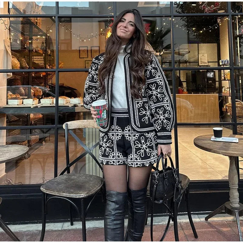 Vintage Printed Jacket Shorts Set