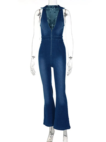 Denim Jumpsuit V Neck Zipper Bell Sleeveless Sexy Outifts Elegant