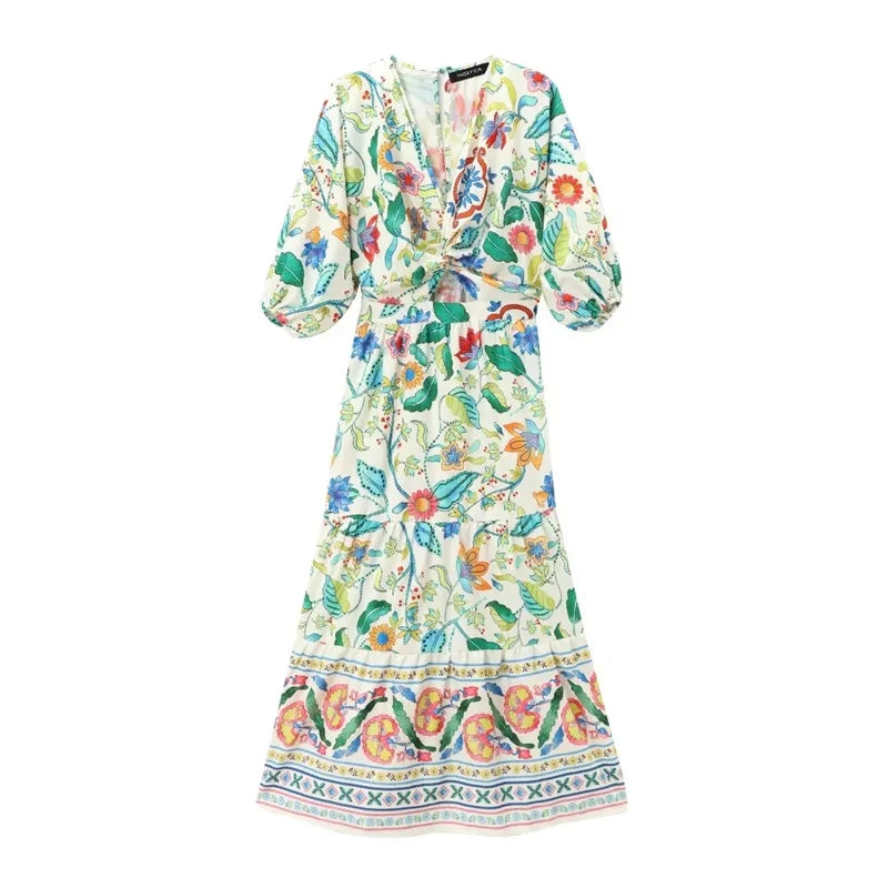 TRAF Print Ruffle Long Dress