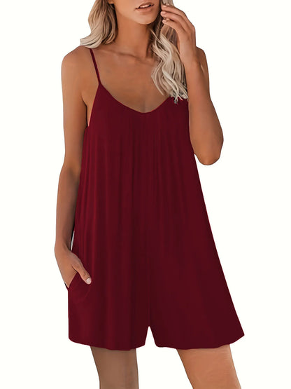 Casual Strap Shorts Solid Round Neck Loose Pocket Jumpsuit