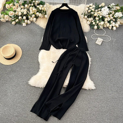 Knitted Loose Sweater and Wide Leg Pants Outfit