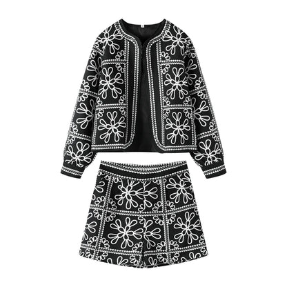 Vintage Printed Jacket Shorts Set