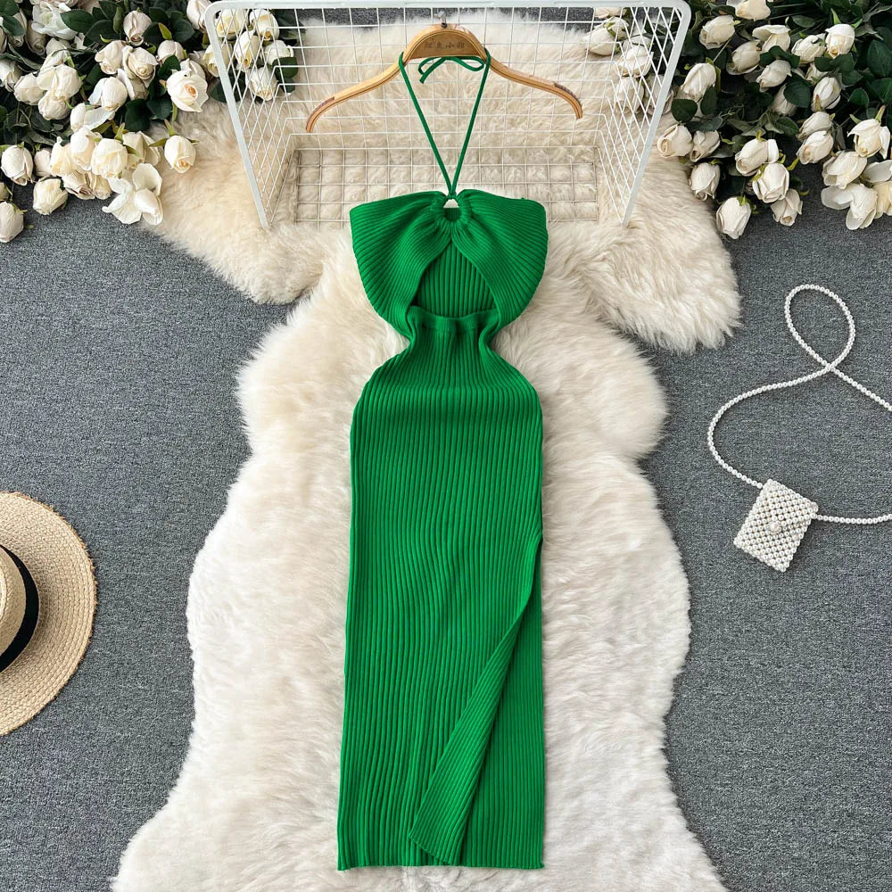 Chic Fashion Sexy Package Hips Split Knitted Dress Women