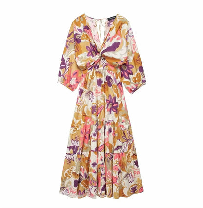 TRAF Print Ruffle Long Dress