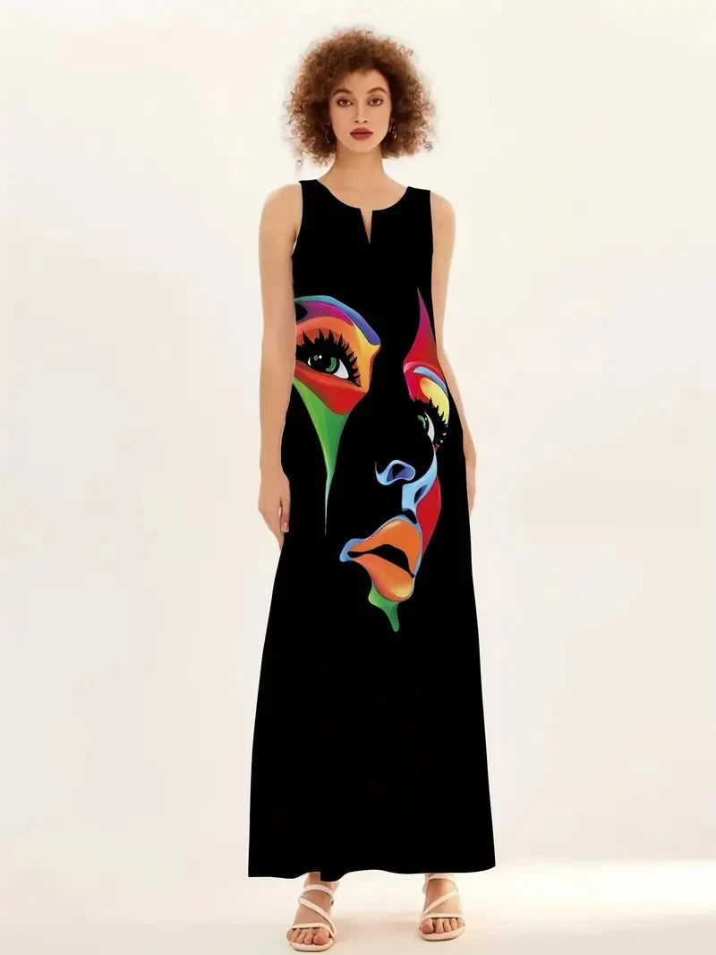 Sleeveless V-neck Printed Sexy Long Dress