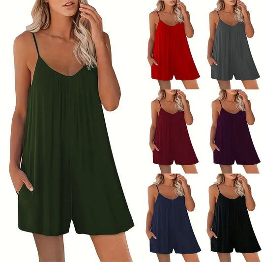 Casual Strap Shorts Solid Round Neck Loose Pocket Jumpsuit