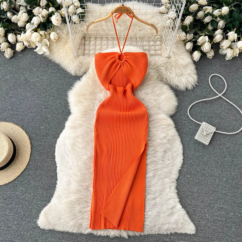 Chic Fashion Sexy Package Hips Split Knitted Dress Women