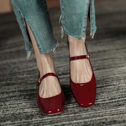 Square Toe Red Leather Shoes