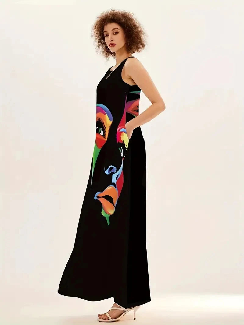 Sleeveless V-neck Printed Sexy Long Dress